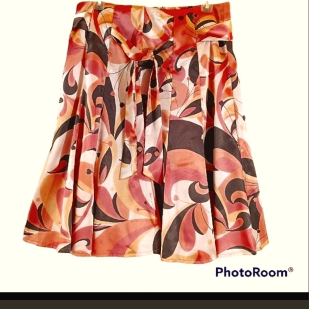 High Waisted Pink Orange Geometric Print A-line Scarf Shirt Sz 8